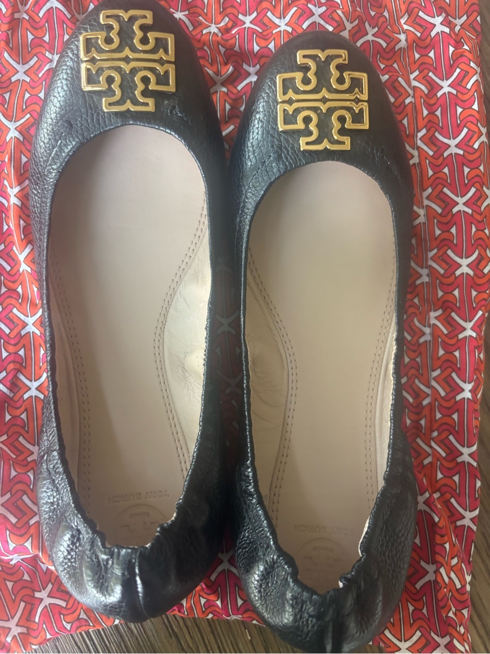 Tory Burch Black Leather Logo Ballet Flats with Gold Emblem